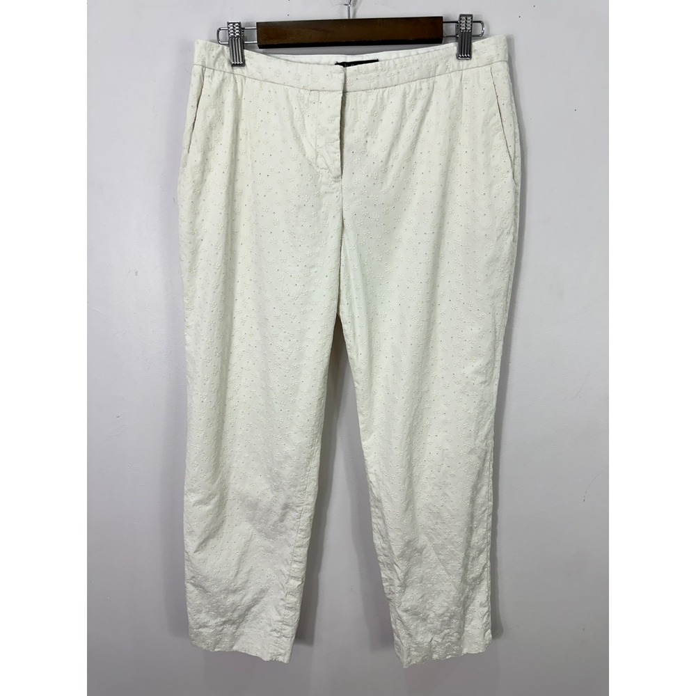 Theory White Eyelet Pants 8 Floral Embroidery Trousers Quiet Luxury Coastal